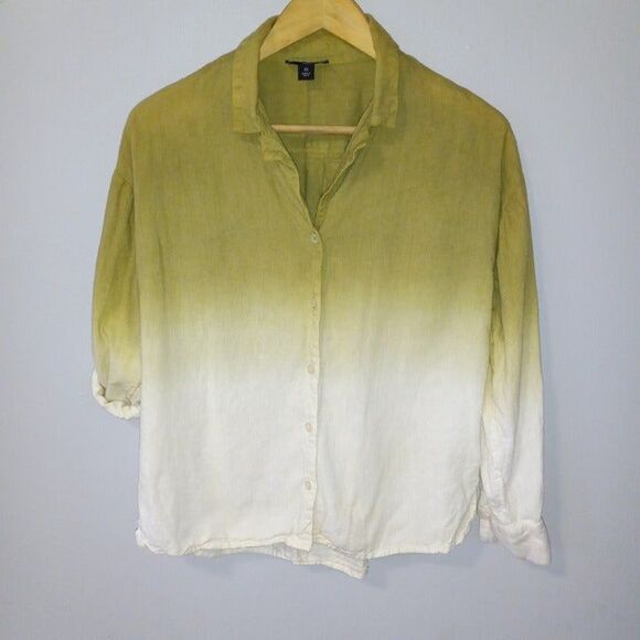 J Jason Wu X-Small Dip Dye Button Front Blouse-Linen Blend-Ombre-Roll Tab Sleeve - Picture 2 of 9
